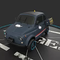 Small Dark Blue Car With Yellow Roof Light White Logos Black Wheels Blue Rims