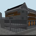 Vintage Traditional Chinese Street Front Commercial Building With Grey Brick Facade And Exquisite Wooden Balconies