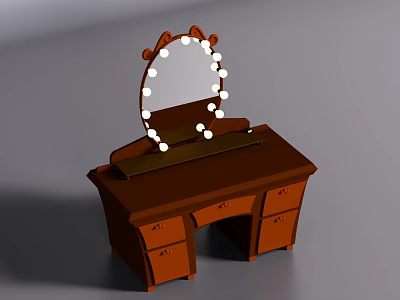 Brown Wooden Dresser With Bear Ear Shaped Mirror And Light Bulbs 3d model