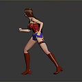 Woman in Red Blue Superhero Costume with Gold Accessories and Red Boots Action Pose