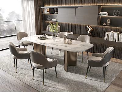 Modern Oval Marble Dining Table Set With Gray Chairs Metal Legs Bookshelves And Plant 3d model