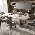 Modern Oval Marble Dining Table Set With Gray Chairs Metal Legs Bookshelves And Plant
