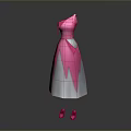 Man Looking At Pink Gradient Dress With White Bottom And Pink High Heels On Grey Background