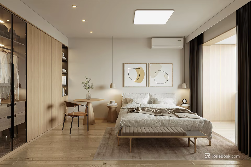 Modern Bedroom Interior Design With Wooden Bed Frame And Decorative Wall Art 3d model 