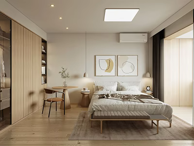 Modern Bedroom Interior Design With Wooden Bed Frame And Decorative Wall Art 3d model