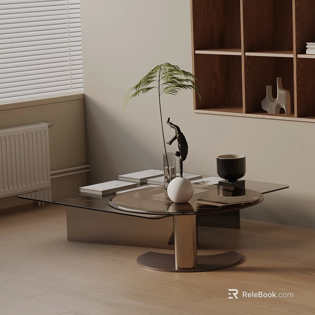 Modern Sofa And Coffee Table Set With Glass Top Potted Fern Figurine And Wooden Shelf 3d model 