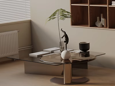 Modern Sofa And Coffee Table Set With Glass Top Potted Fern Figurine And Wooden Shelf 3d model
