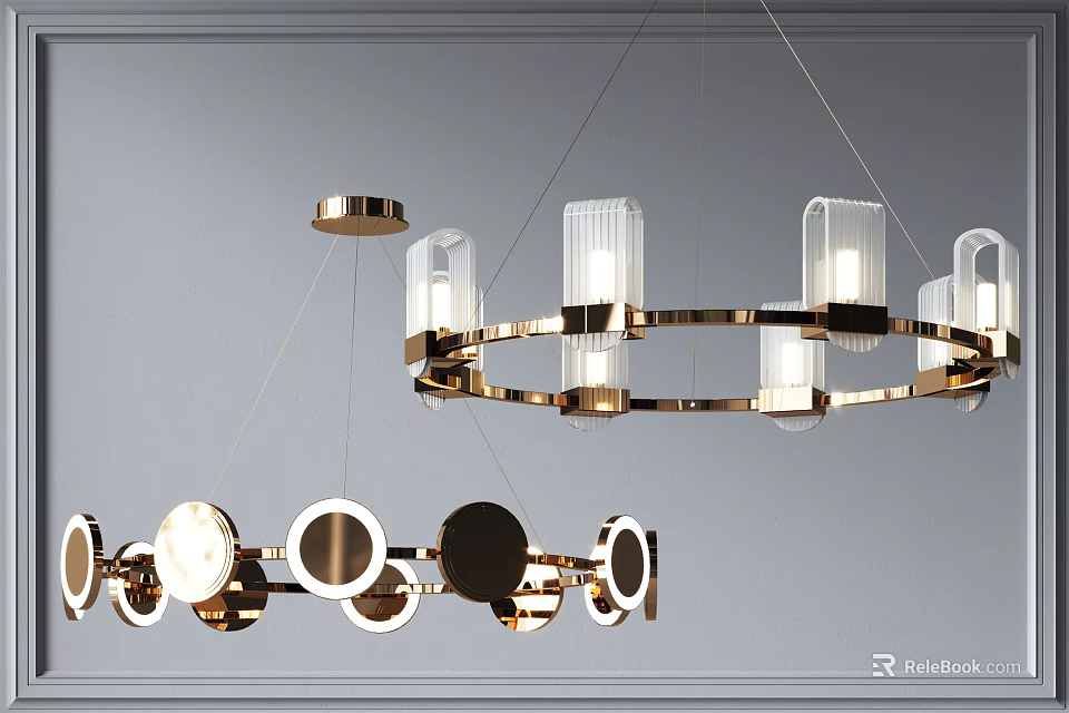 Modern Circular Chandelier With Metal Frame And Glass Shades Hanging Design 3d model 