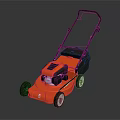 Orange Hand Push Lawn Mower With Black Handle And White Wheels Standing On Dark Background