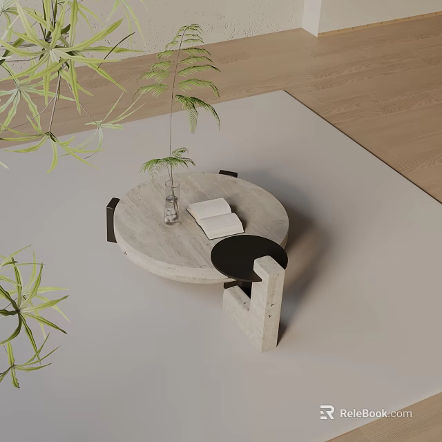 Modern Sofa And Coffee Table Set With Round Stone Top Vase Green Plants Light Rug 3d model 