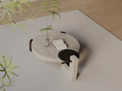 Modern Sofa And Coffee Table Set With Round Stone Top Vase Green Plants Light Rug 3d model