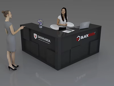 Black Reception Desk With Company Logos Laptop Documents And Flower Vase 3d model