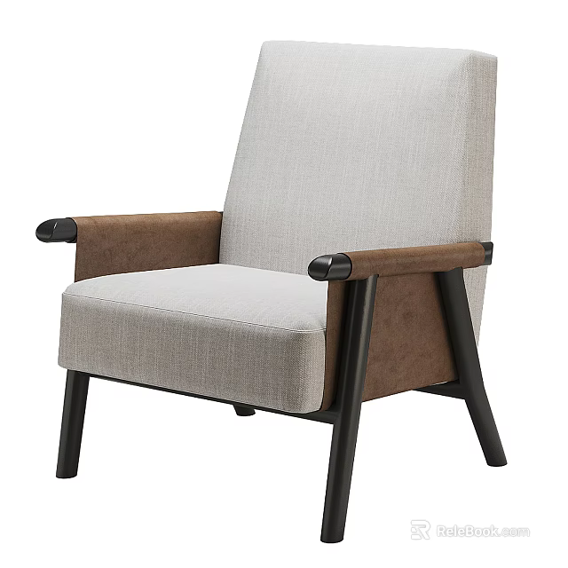 Modern Single Sofa With Light Fabric Seat Brown Armrests And Black Wooden Legs 3d model 