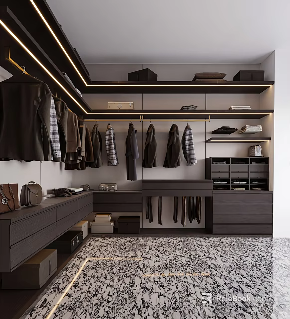 Elegant Modern Walk in Closet Interior With Hanging Garments Drawers And Storage Shelves 3d model 