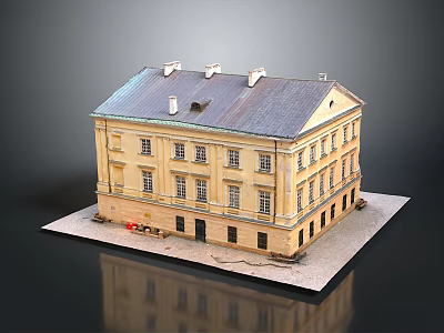 Traditional Style Yellow Multi Story Residential Building With Gray Roof Chimneys And Symmetrical Windows 3d model