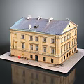 Traditional Style Yellow Multi Story Residential Building With Gray Roof Chimneys And Symmetrical Windows