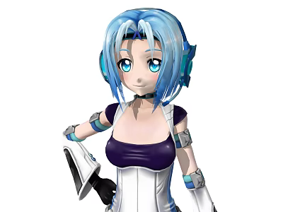 Anime Inspired Game Character With Blue Hair Blue Eyes Mechanical Headset And White Purple Outfit 3d model