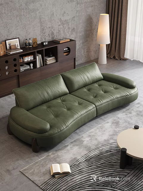 Green Tufted Leather Two Seater Sofa in Modern Living Room with Wooden Bookshelf and Rug 3d model 