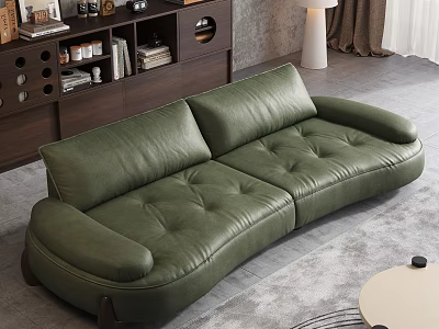 Green Tufted Leather Two Seater Sofa in Modern Living Room with Wooden Bookshelf and Rug 3d model