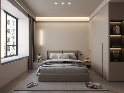 Modern Minimalist Bedroom Interior With Gray Bedding Nightstands Window And Bookshelf Cabinet 3d model
