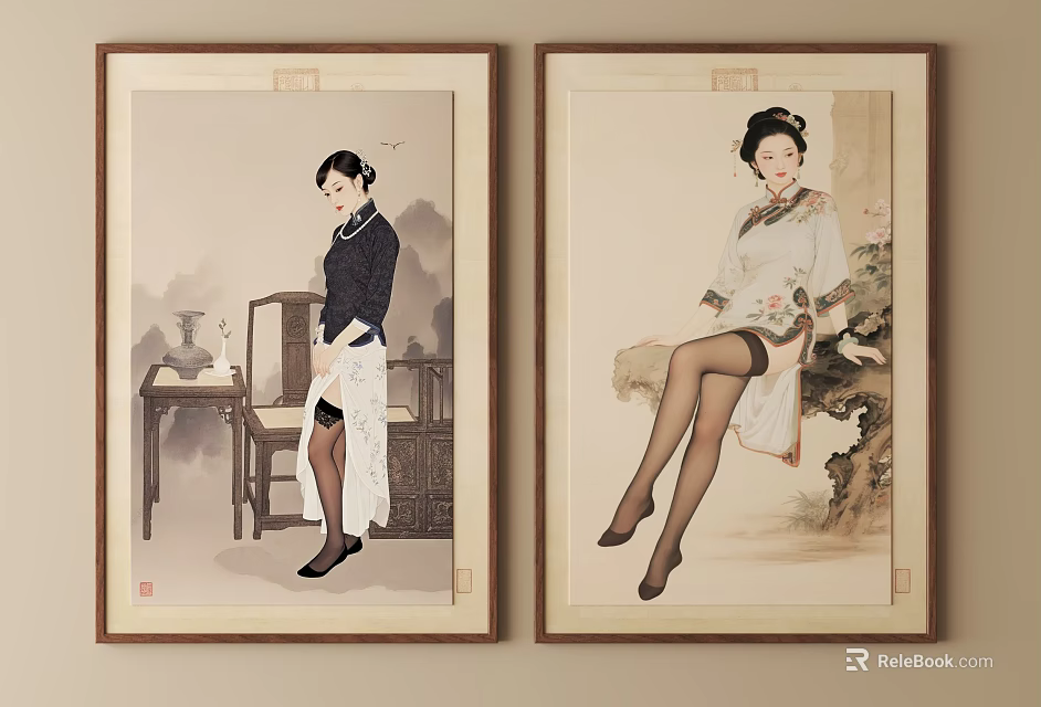 Framed Classical Chinese Female Portraits In Traditional Attire As Wall Art 3d model 