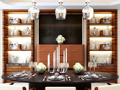 Round Dining Table Set with Candles Vases Dinnerware Wooden Wall Shelves and Hanging Pendant Lights 3d model