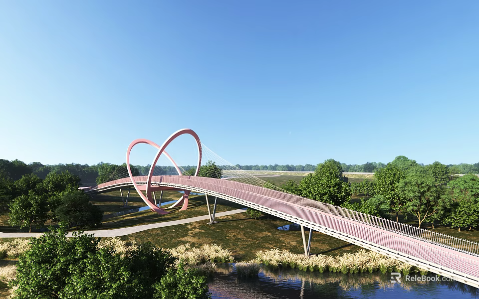 Red Double Ring Landscape Bridge Spanning River With Green Vegetation And Blue Sky 3d model