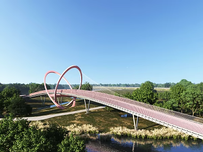 Red Double Ring Landscape Bridge Spanning River With Green Vegetation And Blue Sky 3d model