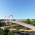 Red Double Ring Landscape Bridge Spanning River With Green Vegetation And Blue Sky 3d model