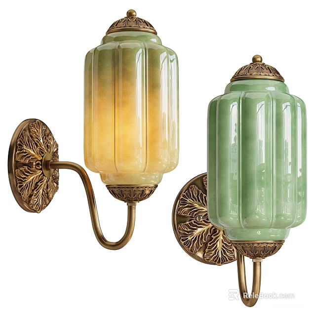 Elegant Traditional Jade Wall Lamps With Golden Leaf Base And Translucent Shades 3d model 