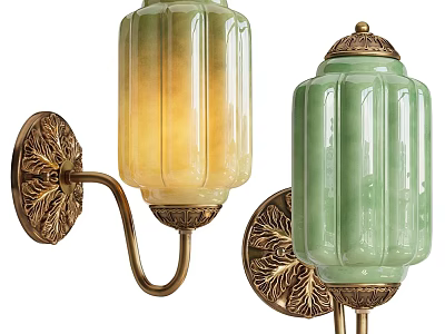 Elegant Traditional Jade Wall Lamps With Golden Leaf Base And Translucent Shades 3d model