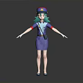 Anime Style Cartoon Character With Green Hair Blue Uniform Hat And Badge