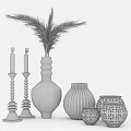 Decorative Ornament Set with Green Vase Pampas Grass Golden Candle Holders and Grey Striped Vase