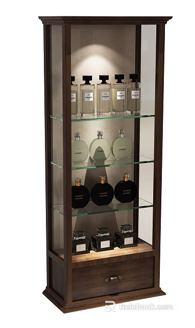 Perfume Store Glass Display Cabinet With Multiple Shelves And Various Fragrance Bottles 3d model 