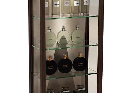Perfume Store Glass Display Cabinet With Multiple Shelves And Various Fragrance Bottles 3d model