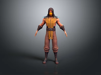 Man In Yellow And Brown Outfit With Hood And Mask Standing Pose 3d model