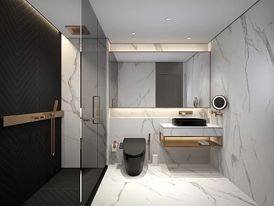 Elegant Modern Bathroom Interior With Marble Walls Black Shower Area Gold Fixtures And Large Mirror 3d model