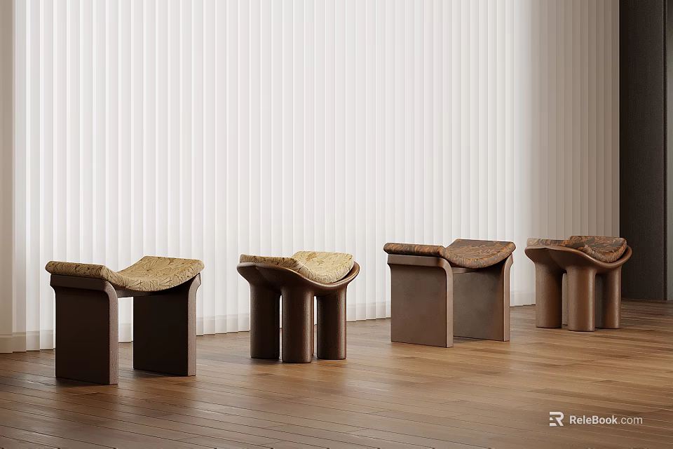Elegant Creative Curved Upholstered Wooden Sofa Stools For Warm Modern Home Living Room Furniture 3d model 