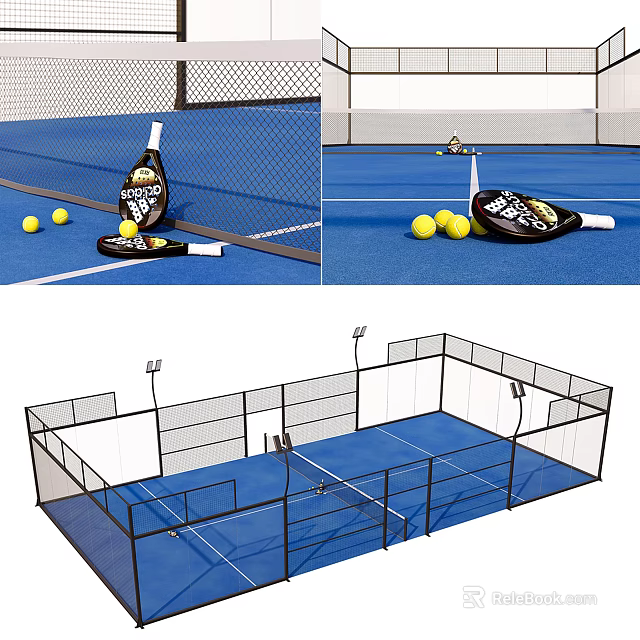 Outdoor Public Tennis Court Facility With Netting Fencing Rackets And Balls 3d model 