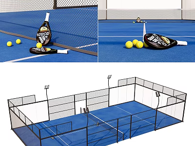 Outdoor Public Tennis Court Facility With Netting Fencing Rackets And Balls 3d model