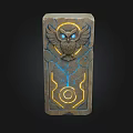 Decorative Stone Building Featuring Owl Carving and Glowing Blue Yellow Lines