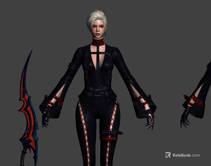 Silver Haired Game and Movie Character In Black Long Sleeved Outfit With Red Black Weapon 3d model 
