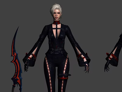 Silver Haired Game and Movie Character In Black Long Sleeved Outfit With Red Black Weapon 3d model