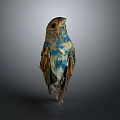Handcrafted Bird Sculpture With Vibrant Blue Brown Feathers On Neutral Gray Background