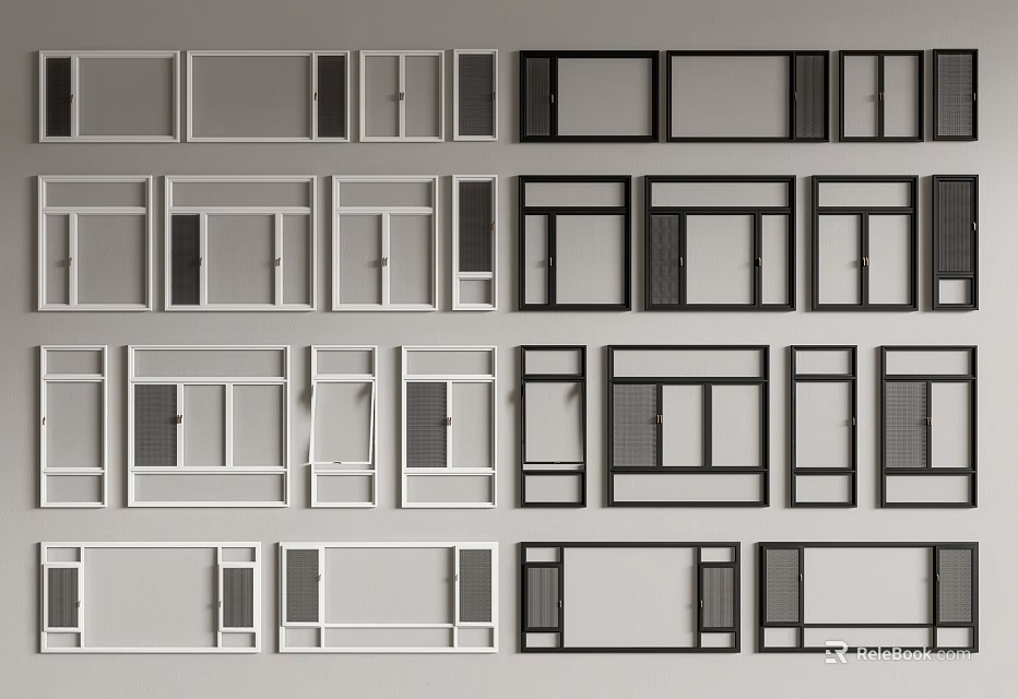 Casement Windows Modern Design with White and Black Frames for Home Interiors 3d model 