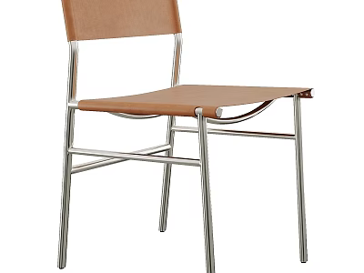 Modern Minimalist Single Chair With Brown Leather Seat And Silver Metal Frame 3d model
