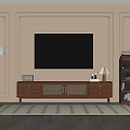 Elegant Living Room With Beige Walls Black TV Wooden Stand And Striped Rug