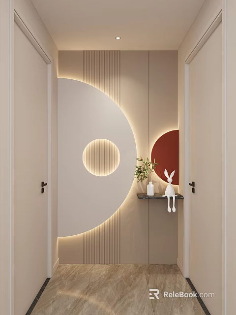 Modern Entryway Corridor With Circular Decor Illuminated Lighting Green Plant And Rabbit Figurine On Shelf 3d model 
