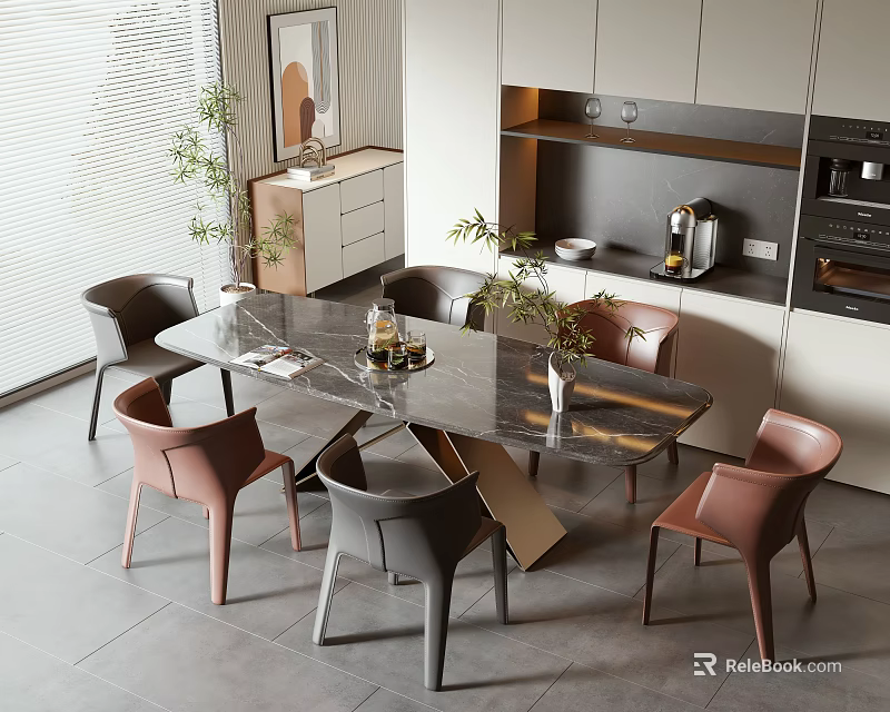 Modern Kitchen Dining Area With Marble Top Dining Table And Stylish Chairs And Plants 3d model 