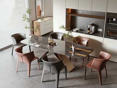 Modern Kitchen Dining Area With Marble Top Dining Table And Stylish Chairs And Plants 3d model